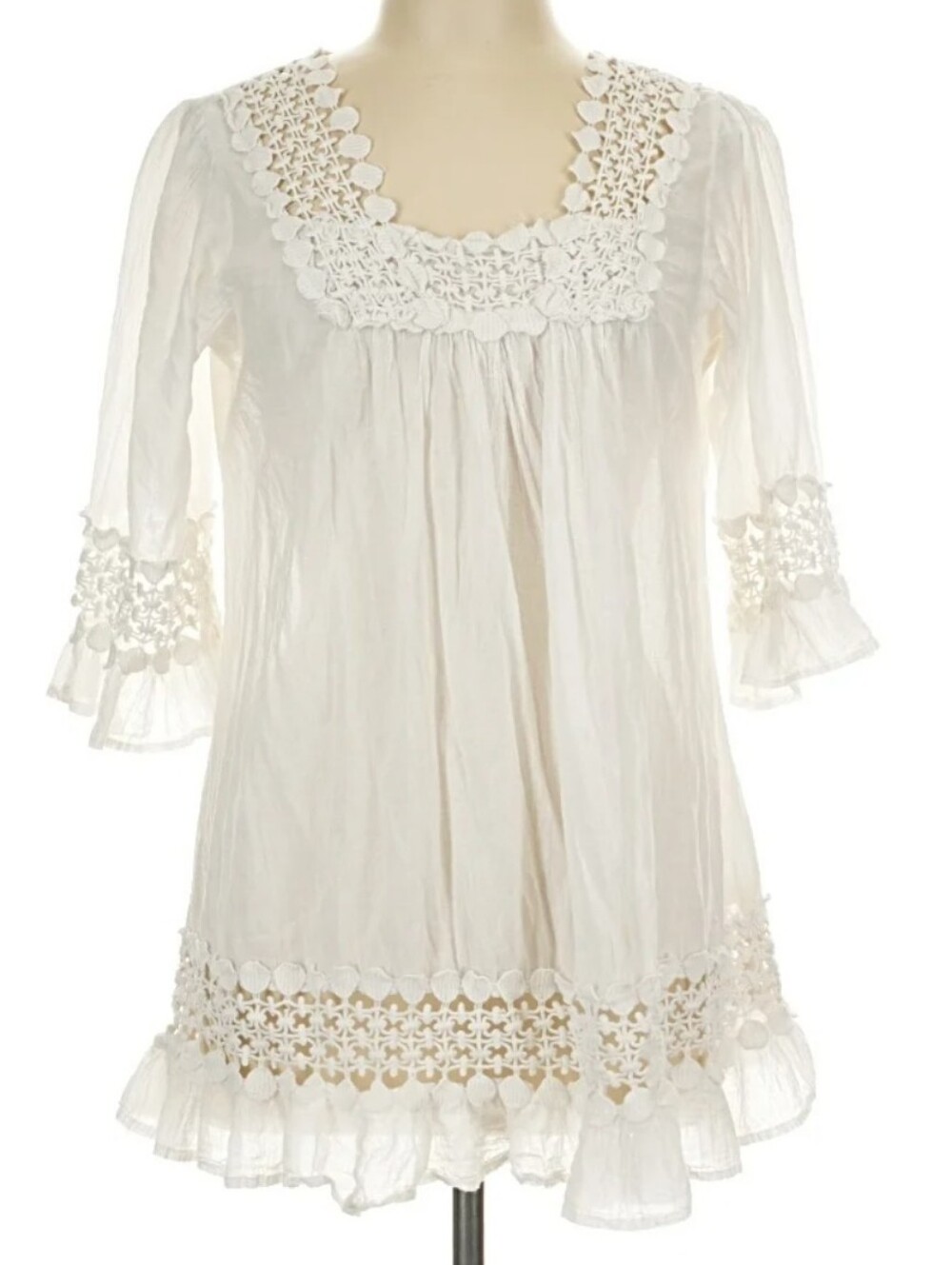 Cute Options Boho Style White Crochet Lace Trim Breezy Peasant Blouse Top